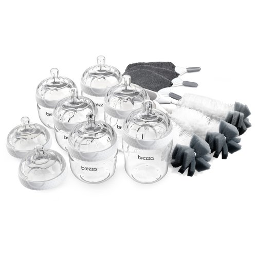 Baby Brezza Premium Baby Bottle Starter Gift Set - Pack of 6 Bottles and 8 Nipples Plus Bottle Brush and Cleaning Cloths - Kit is Great for Newborns and Infants - Bulk Baby Feeding Bottle Set