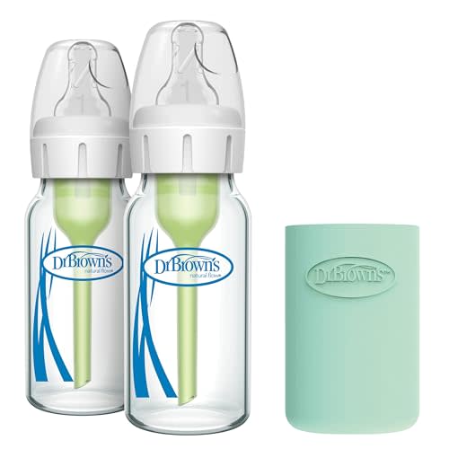 Dr. Brown's Anti-Colic Options+ Narrow Glass Baby Bottle with Level 1 Slow Flow Nipple, BPA-Free, 4 oz/120 mL, 0m+, 2-Pack + Mint Bottle Sleeve