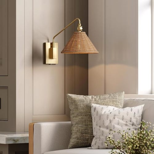 Nathan James Celeste Rattan Wall Light, Modern Farmhouse Wall Mounted Plug in Light, Wall Mount Reading Lamp for Bedside with Rattan Shade