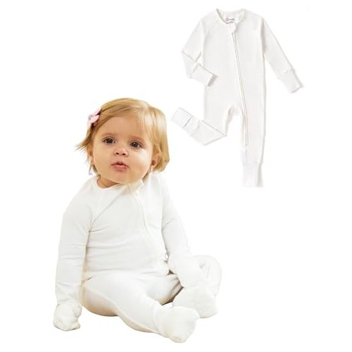PATPAT Organic Cotton Baby Footie Pajamas with Two-Way Zipper & Fold-Over Mittens, Soft Stretchy Romper for Newborn Boy Girl