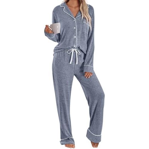 LILLUSORY Women's Long Sleeve Pajama Set - Soft Button-Down Top & Comfortable Drawstring Pants with Pockets