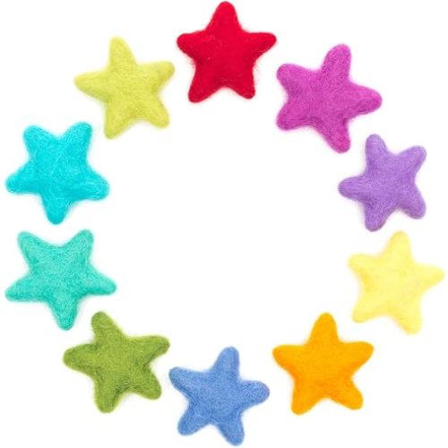 Glaciart One Rainbow Felted Stars - Needle Felting & Essential Oils Ready - Handmade in Nepal, 100% Natural New Zealand Wool, for Art Projects, Garlands & Valentine’s Decor - 1.5”, Set of 10