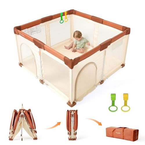 Tinyiota Foldable Baby Playpen, 50x50 Inch Portable Play Yard for Babies and Toddlers with Soft Breathable Mesh, Storage Bag & 2 Pull-Toy Handles for Indoor & Outdoor (Brown, 50x50)