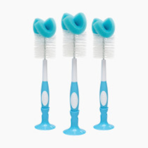 Dr. Brown's Reusable Sponge Baby Bottle Cleaning Brush Set with Suction Cup Stand, Scrubber and Nipple Cleaner, 3 Pack - Blue