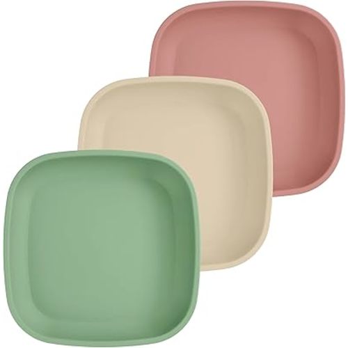 Re-Play Toddler Plates - 22 Oz. Deep-Walled Flat Kids Plates - Dishwasher & Microwave Safe - Made in USA - Set of 3-7.37" x 7.37" x 1.25" - Desert Roses