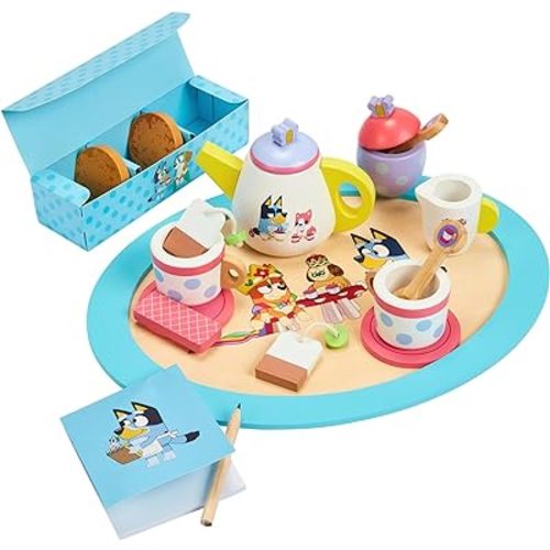 Bluey Wooden Tea Party Set – 18 PC Pretend Play Set with Tray, Teapot, Tea Cups, Biscuits, Sugar Pot, Notepad & Pencil- Durable, Eco-Friendly FSC Certified Wood – Imaginative Role Play Toy for Kids 3+