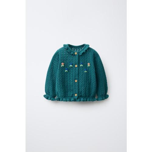 FLORAL EMBROIDERY KNIT CARDIGAN - Duck green | ZARA Canada