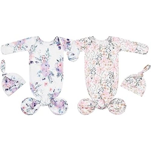 Newborn Baby Knotted Gown Sleeper Gown with Mittens Long Sleeve Nightgown Baby Coming Home Outfit with Hat 2 Pieces