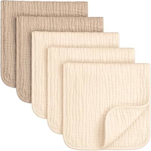 KeaBabies Organic Muslin Burp Cloths Baby Boy, Girl – 5-Pack 100% Cotton Muslin Burping Cloths for Babies, Newborn, 21x10 Large & Absorbent Spit Up Rags, Baby Washcloth, Infant Towels (Ecru)