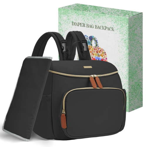 Diaper Bag Backpack, Lightweight Stylish Travel Baby Bag with Portable Changing Pad，Black