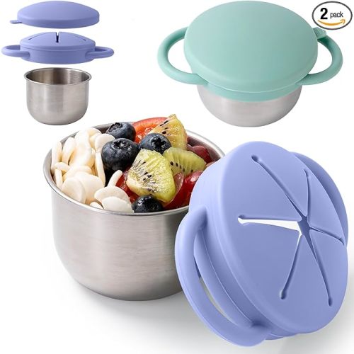 2 Pack Snack Containers for Toddlers, Stainless Steel Toddler Snack Cups with Silicone Food Catcher & Lids,Snack Cups for toddlers Spill Proof