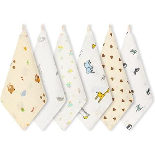 Norinori Baby Muslin Washcloths - Newborn Face Towel & Burp Cloths, 6 Pack Soft Absorbent Natural Cotton Wash Towel, 10"X10" Baby Bath Towels & Wipes