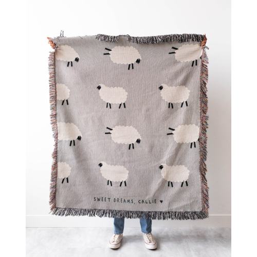 Sweet Dreams Sheep Blanket: Cute Animal Woven Throw, Personalized Name, Baby Shower Gift, Neutral Grey Kids Decor, Unique Boy Girl Present