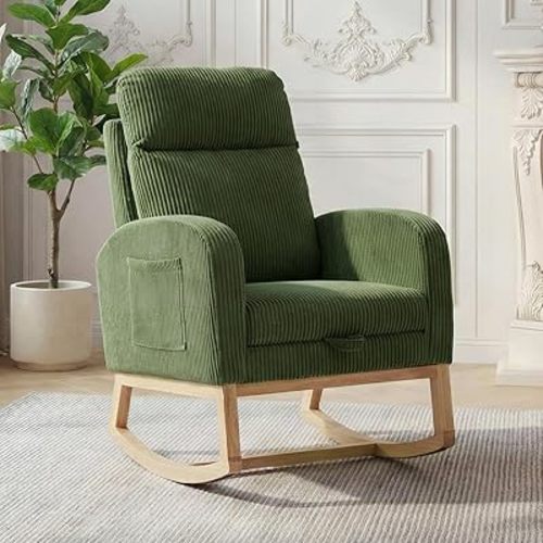 Corduroy Reclining Rocker for Dining Spaces – Adjustable Footrest, Tufted Back, Side Pocket, Glider Motion, Wooden Legs – Ideal for Restaurant or Lounge | Green