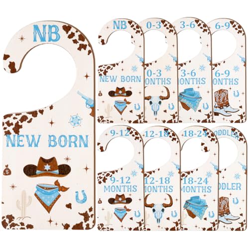 CORNER LACE Baby Closet Dividers 8PCS, Western Cowboy Theme Wooden Double-Sided Clothes Size Hanger Organizer from Newborn to Toddler for Nursery Decor Baby Shower Birthday Gift