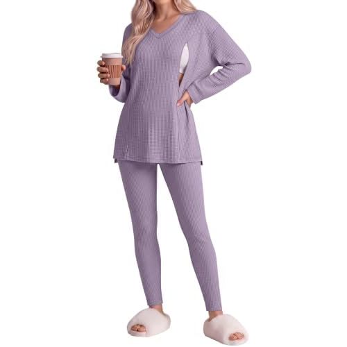 Neer 2 Pcs Maternity Nursing Pajamas Sets Oversize Waffle Breastfeeding Postpartum Outfits Long Sleeve Shirts Legging Pants
