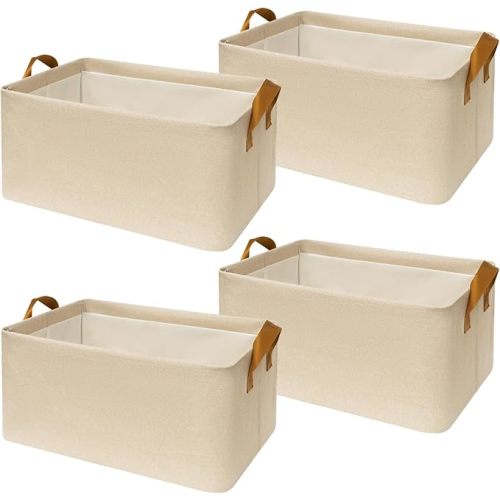 SNWDN 6 Pack Closet Cloth Storage Bins for Shelves,Large Storage Baskets for Shelves, Fabric Bins for Closet organization with Handles（ Beige 17''L x 12''W x 10''H）