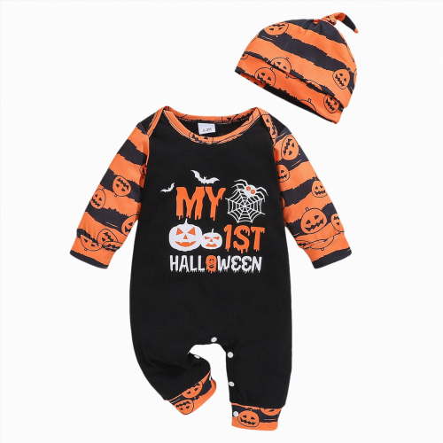 mgoYE 18 Months Boy Halloween Clothes Set My First Halloween Baby Boy Outfit Long Sleeve Pumpkin Romper Pants Set with Beanie Hat Newborn Boy Fall Clothes(Black,6-9 Months)