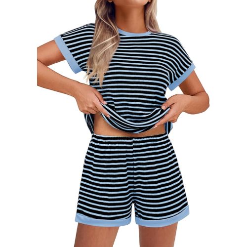 Ekouaer 2 Piece Sets for Women Summer Outfits Cute Stripe Knit T Shirts Shorts Matching Lounge Set