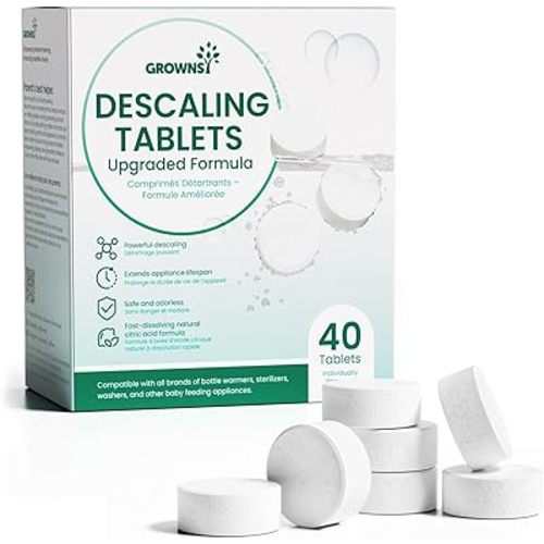 GROWNSY Descaling Tablets for Bottle Warmer & Sterilizer, Daily Essential Descaler, Cleaner for Baby Food Makers, Deep Limescale & Odor Removal, Performance Care, 40 Count (1-Year Supply)