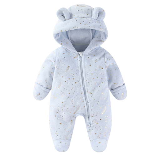 Lenpel Newborn Infant Fuzzy Fleece Snowsuits Winter Warm Printed Zip up Ear Hooded Jumpsuits Cute Plush Rompers for Baby Boys Girls(Blue,0-3 Months)