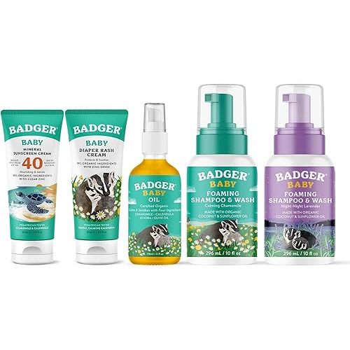 Badger Baby Bundle - SPF 40 Baby Mineral Sunscreen, Baby Wash Chamomile & Lavender Combo, Baby Oil, Organic Diaper Rash Cream - Pediatrician Tested Baby Sunblock and Organic Baby Moisturiz