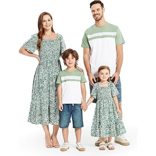 PATPAT Family Matching Outfits Boho Floral Print Square Neck Puff Sleeve Smocked Dress and Short Sleeve T-Shirts Matching Set