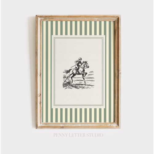 Polo Horse Vintage Sketch Green Stripe Print , Equestrian Nursery Art
