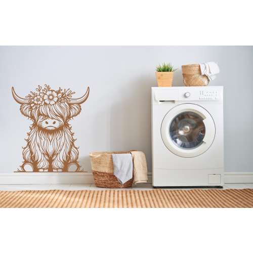Highland Cow with Flowers Art, Cute Highland Cow for Baby Shower, Highland Calf Home Decor, Highland Cow Wall Decal, Highland Cow Nursery