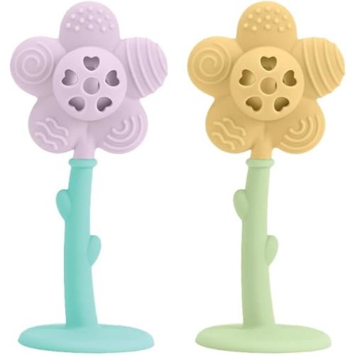 Lulyboo Flower Rattle & Teether Set for Babies - 100% Food Grade Silicone Soft Textures, Gentle Gum Massage, Lightweight Built-in Rattle, Easy-Hold Stem, Age 0+, Durable & Easy-Clean, Soothing Comfort