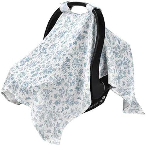 SERAPHY 100% Muslin Cotton Car Seat Covers for Babies - Universal, Breathable Canopies for Boys and Girls - Soft Summer Car Seat Cover - Blue Flowers
