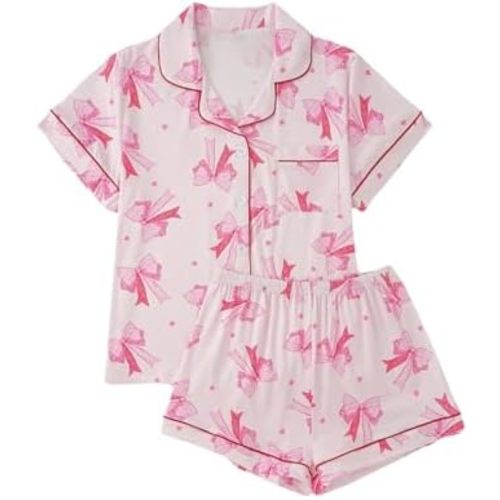 Verdusa Women's 2 Piece Pajama Sets Lightweight Fall Pajamas Cute Pj Set Button Shirt with Shorts Lounge Pjs