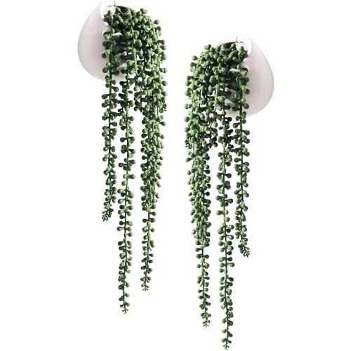 Tiita Artificial Succulents Hanging Plants, Faux String of Pearls Plants for Home Office Accessories Window Sill Bathroom Bedroom Fake in White Ceramic Pots, Set of 2