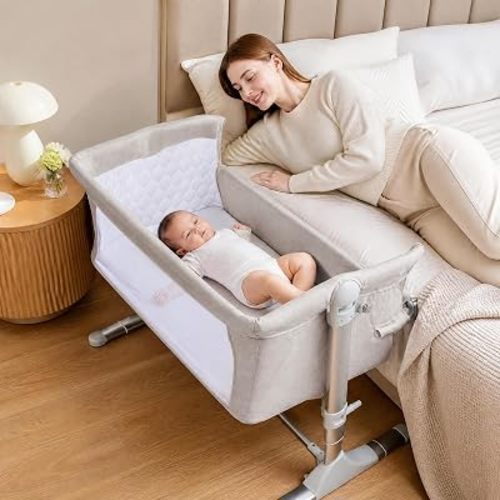 BABY JOY Baby Bedside Crib, Portable Travel Sleeper Bed Side Bassinet w/Carrying Bag, Newborn Bassinet to Infant, Kids Crib with Detachable Mattress, Height Adjustable Design, Breathable Mesh, Beige