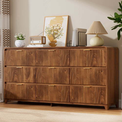 Pikvki Fluted 9 Drawers Dresser for Bedroom, 55.1" Wide Modern Chest of Drawers with Metal Handle, TV Stand for Living Room, Walnut