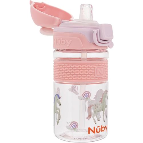 Nuby Thirsty Kids Flip-It Bolt Toddler Cup with Push-Button Locking Flip-Top and Silicone Spout - 12 oz - Easy-Grip and Spill-Resistant - 18+ Months - Unicorn