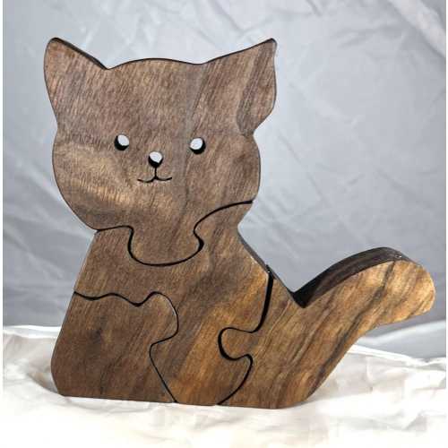 Walnut Wood Cat Puzzle: Freestanding 3-Piece Design