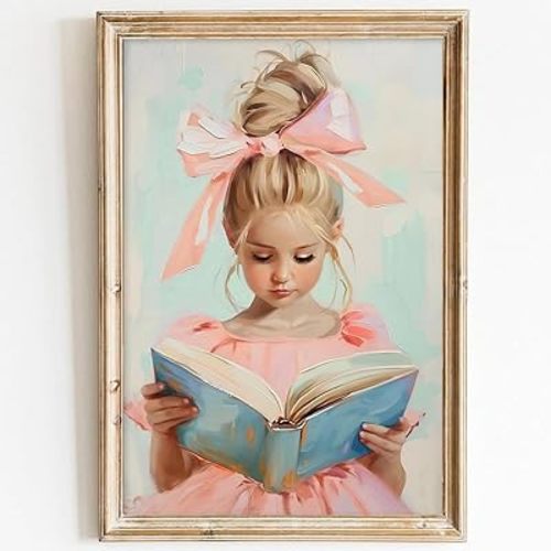 Girl Reading Book Painting Pink Girl Canvas Art Book Lover Pictures Trendy Abstract Poster Funky Art Print Aesthetic Bow Wall Art Preppy Aesthetic Posters Trendy Pink Bows Wall Art 16x24in No Frame