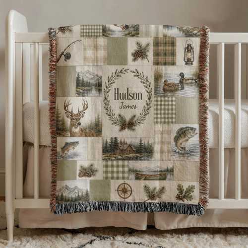 Personalized Hunting Baby Blanket, Fishing Baby Name Blanket, Rustic Woodland Nursery Decor, Deer Duck Bass Gift, Custom Woven Throw