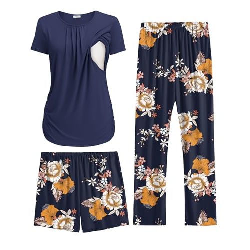 Ekouaer Maternity Nursing Pajamas Set 3 Piece Postpartum Lounge Breastfeeding Pjs Pregnancy Shorts & Pants S-XXL