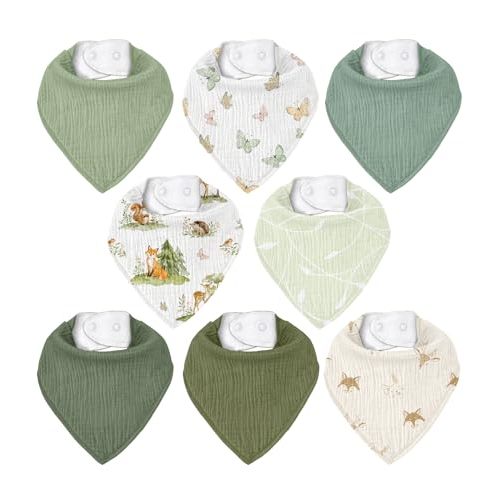 Muslin Baby Bibs 8 Pack, Baby Bandana Drool Bib for Drooling and Teething, Cotton Soft Absorbent for Girls Boys (Sage Green Jungle Animals)