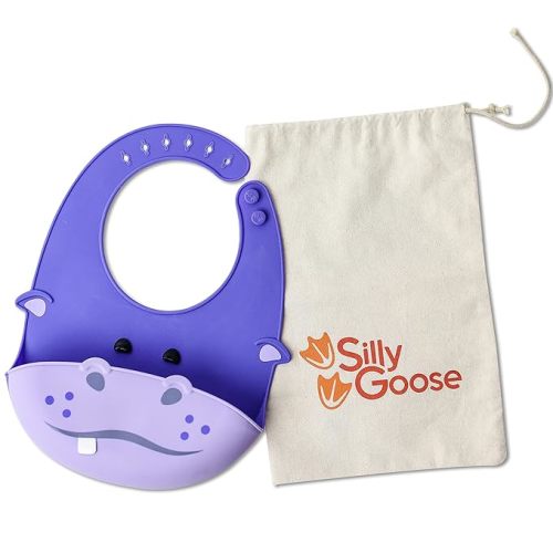 Silicone Animal Baby Bibs for Babies and Toddlers, Waterproof, Adjustable, Soft, Extra Wide Food Catcher Pocket (Baby Hippo)
