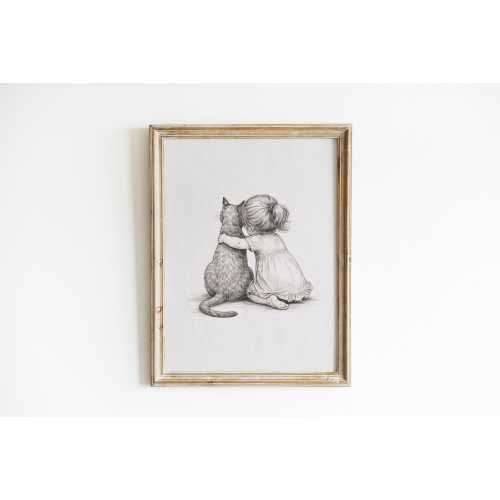 Baby Girl and Cat Nursery Rolled Poster | Vintage Kids Wall Art