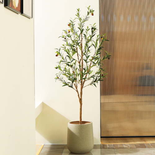 DR.Planzen 5 feet Artificial Olive Tree Indoor, Tall Faux Olive Tree  in Black Plastic Pot, Artificial Plants with Natural Wood Trunk and Lifelike Fruits for Home Office Decor