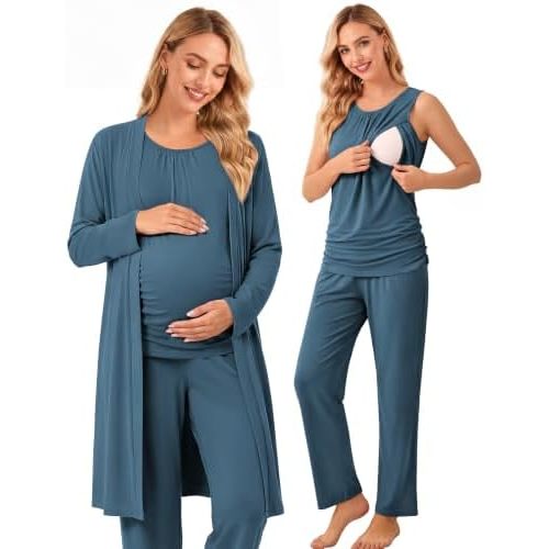 Women 3PCS Maternity Robe Sets Nursing Pajamas Postpartum Breastfeeding Pjs