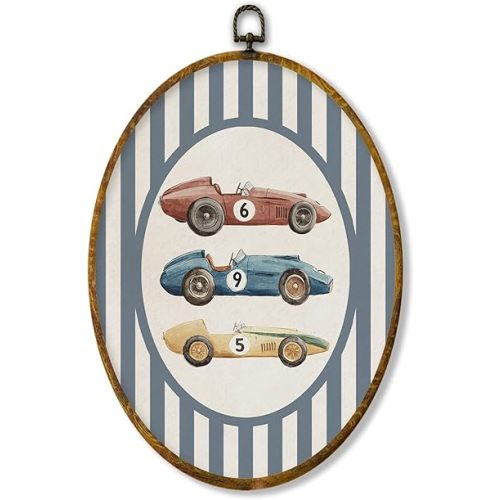 XPH Vintage Car Nursery Oval Wall Art Framed, Kids Oval Wall Decor Accents, Blue Striped Racing Car Vehicle Hanging Canvas Prints for Home Kids Boy Nursery Room Playroom Decoration, 8.6x11.4 Inch