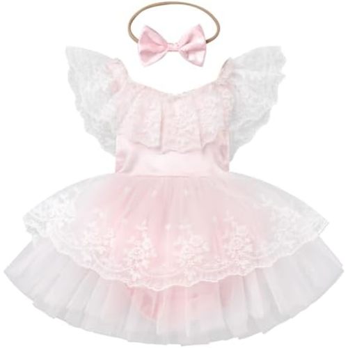 FYMNSI Infant Baby Girl 1st Birthday Outfit Floral Lace Tulle Romper Tutu Dress Headband 2PCS Bodysuit Princess Summer Clothe
