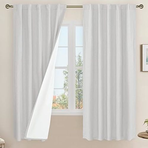 LAMIT 100% Blackout Linen Curtains, 63 Inches Linen Textured Thermal Bedroom Curtains Back Tab and Rod Pocket Neutral Panels with White Liner for Short Windows, 2 Panels, Light Grey, 42 x 63 Inch