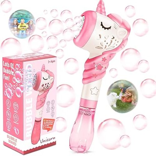 Unicorn Bubble Machine Wand Gifts for Kids Toddlers Age 1 2 3 4 5 6 7 8 Years Old Birthday Party Unique Cute Baby Outdoor Outside Summer Toy Easter Day Game for Little Girl Boy Include Solution Pink
