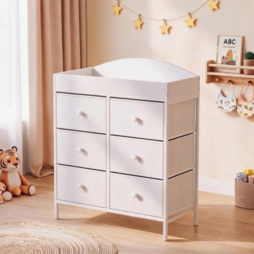 2 In 1 Convertible Baby Changing Station 6 Drawer Kids Storage Dresser 37.4 Inch Ergonomic Height Anti Tip Guard Rails Nursery Furniture